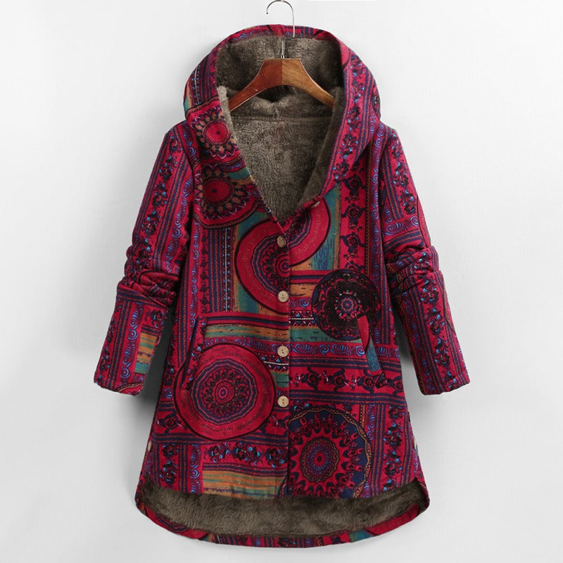 Calanthe - Baumwolljacke mit ethnischen Blumenmuster und Kapuze