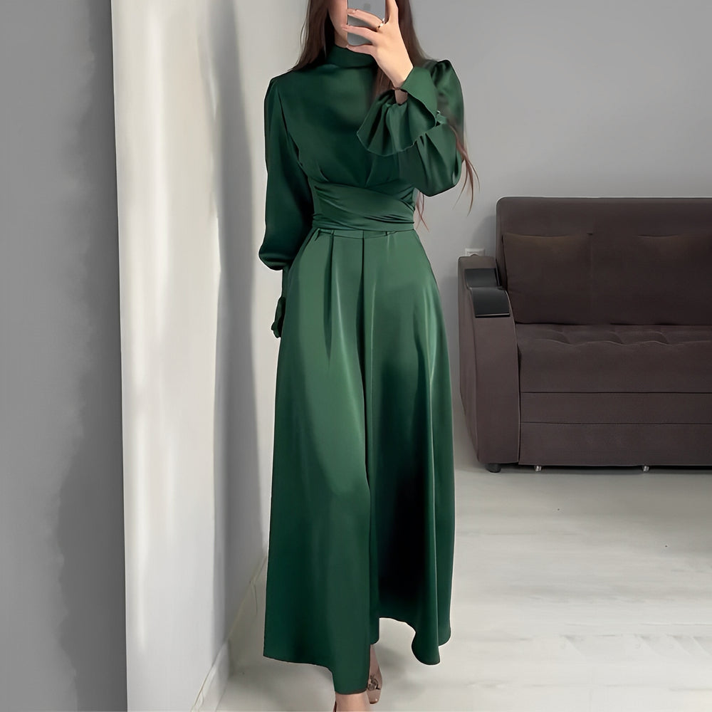 Emory - Langes Damenkleid mit hoher Taille und Rüschenärmeln