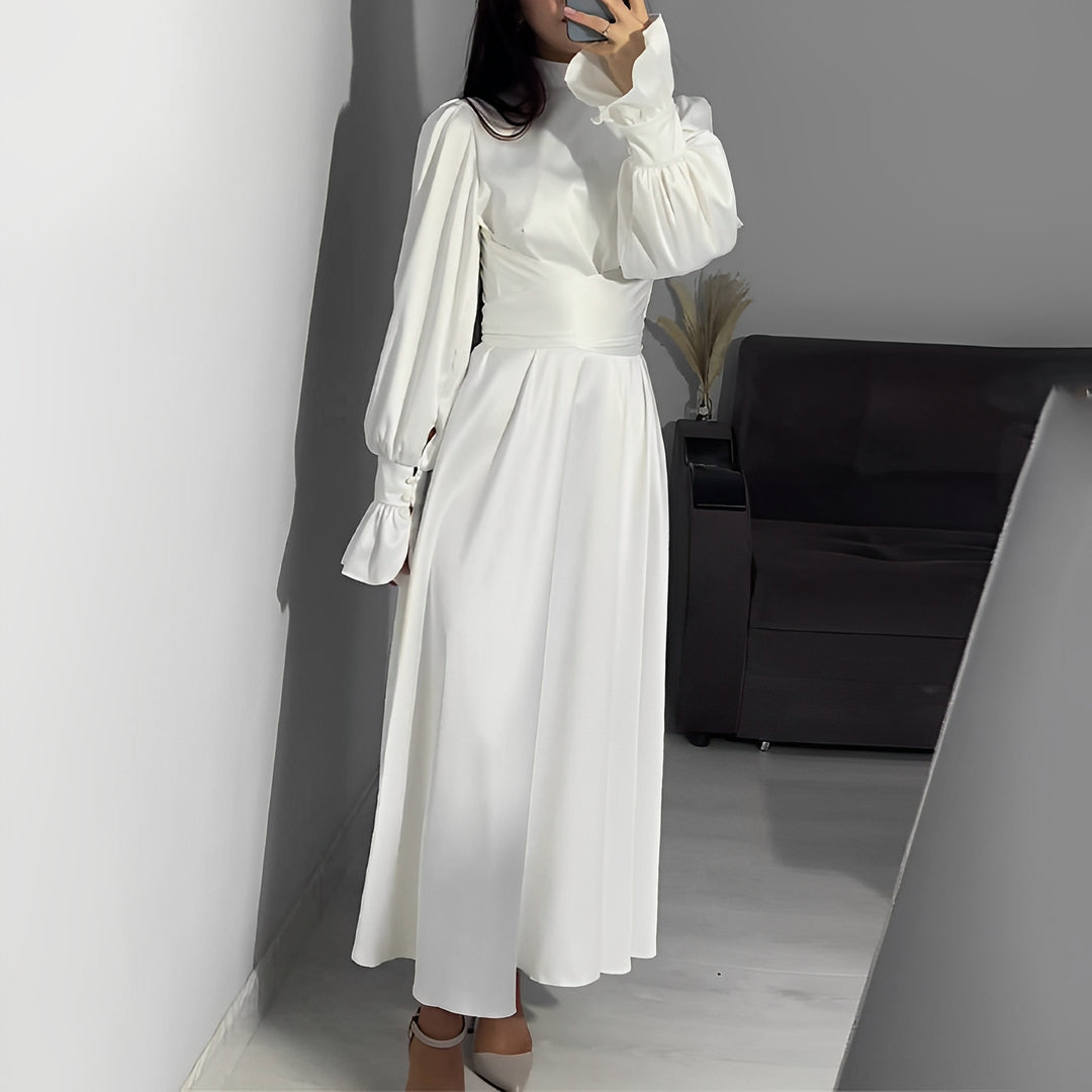 Emory - Langes Damenkleid mit hoher Taille und Rüschenärmeln