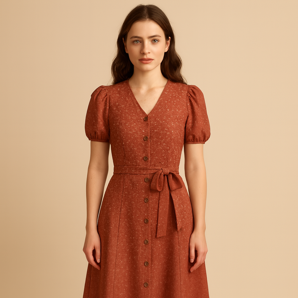 Stil-mode | Damen – Geknöpftes V-Ausschnitt Kleid – Elegante Passform
