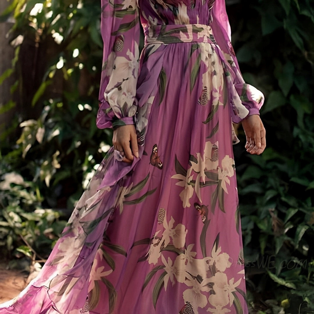 Maria - Langärmeliges Maxikleid mit V-Ausschnitt