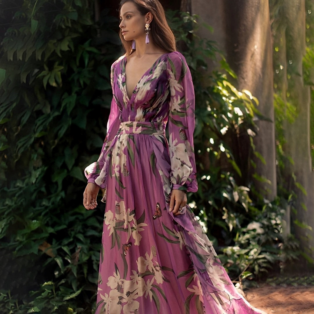 Maria - Langärmeliges Maxikleid mit V-Ausschnitt
