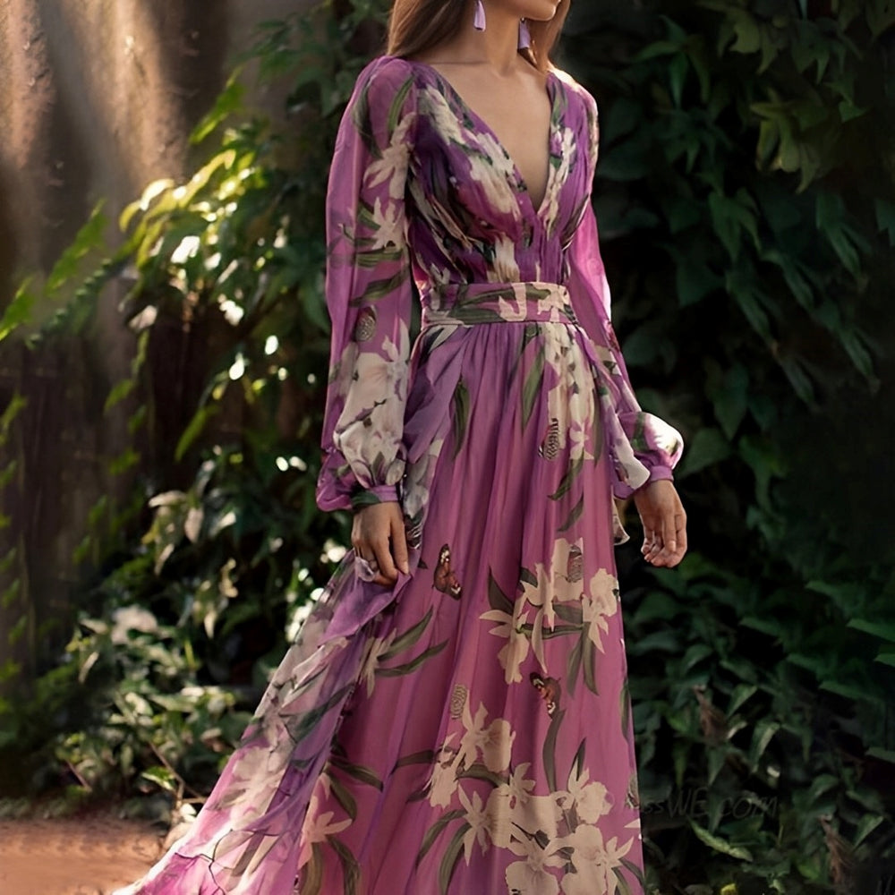 Maria - Langärmeliges Maxikleid mit V-Ausschnitt