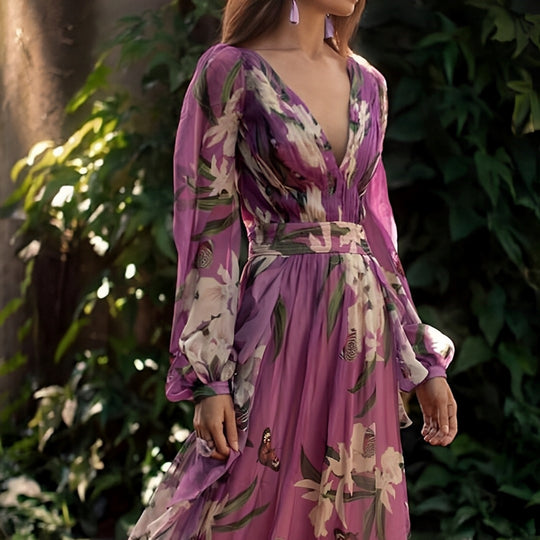 Maria - Langärmeliges Maxikleid mit V-Ausschnitt