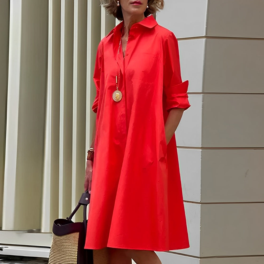 Masha - Fashion Langarm Kragen Midikleid