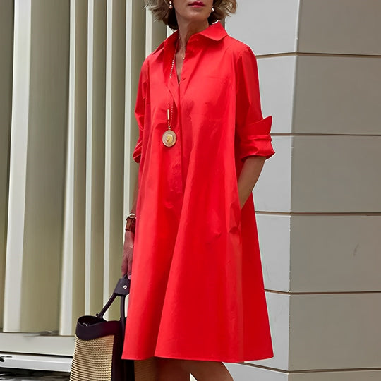 Masha - Fashion Langarm Kragen Midikleid