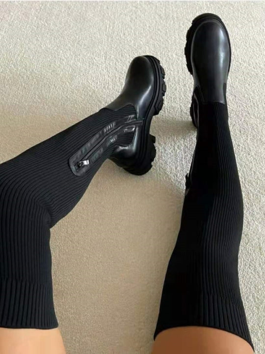 Kristen - Gestrickte Lederstiefel mit hoher Passform