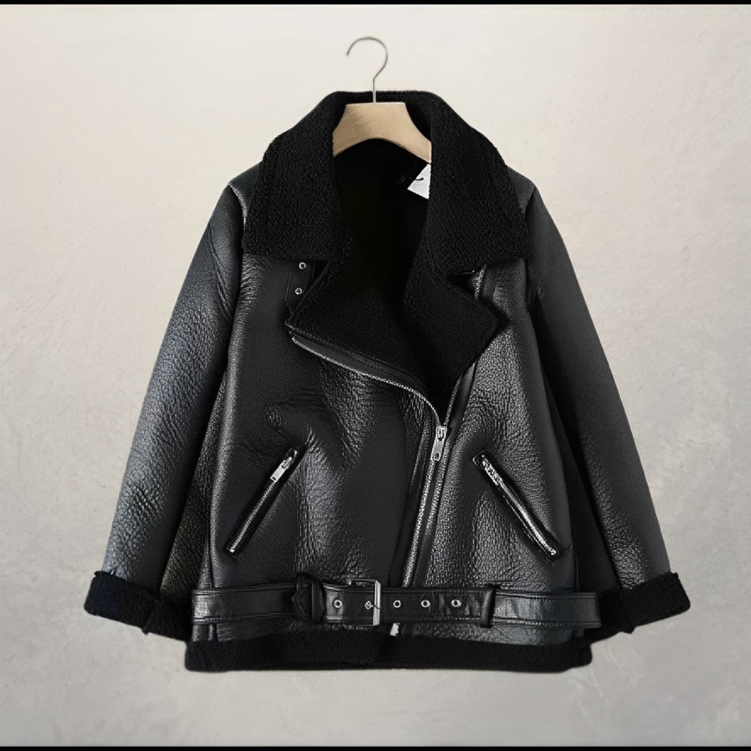 Alva - Stilvolle Leder-Bikerjacke mit Polokragen und Gürtel