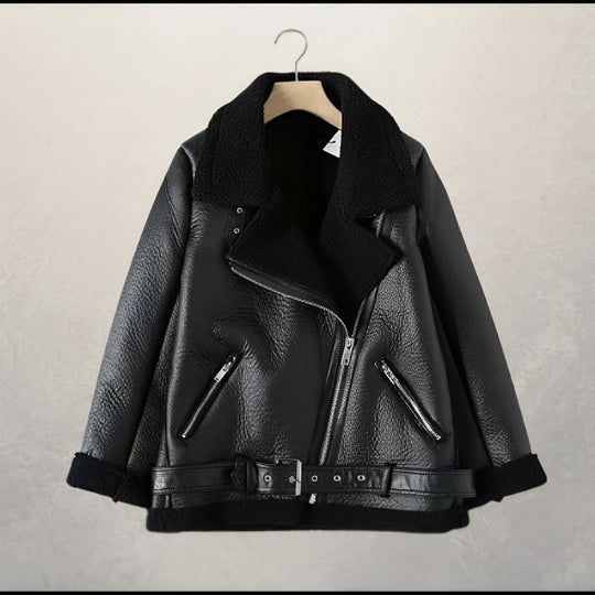Alva - Stilvolle Leder-Bikerjacke mit Polokragen und Gürtel