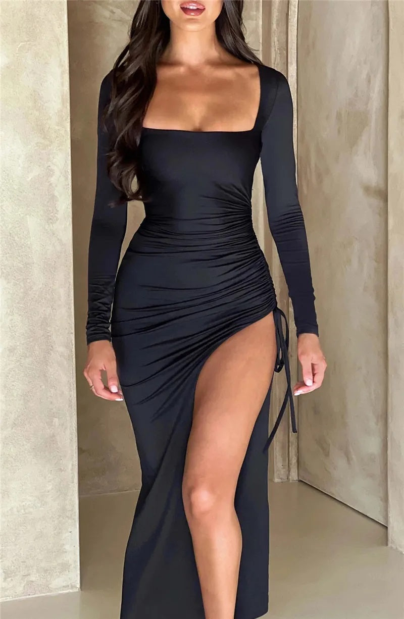 Shana - Langärmeliges Kleid mit geteiltem Halsausschnitt
